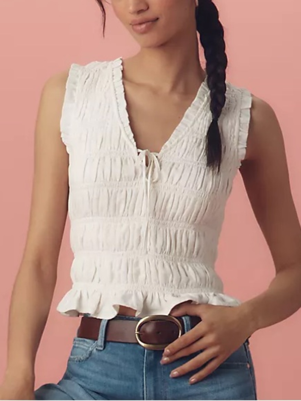 PAIGE White Smocked Tie-Neck Ruffle Tank size medium